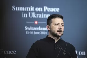 Ukraine’s President Volodymyr Zelenskyy attends a news conference as part of the Ukraine peace summit in Obbürgen, Switzerland, Saturday, June 15, 2024. Switzerland is hosting scores of world leaders this weekend to try to map out the first steps toward peace in Ukraine. (AP Photo/Laurent Cipriani)