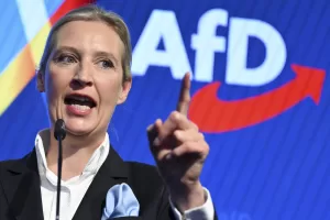 Alice Weidel, co-leader of the Alternative for Germany (AfD), speaks during the election party at the party’s headquarters in Berlin Germany, Sunday, Feb. 23, 2025. (Soeren Stache/DPA via AP, Pool)