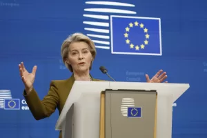 European Commission President Ursula von der Leyen addresses a media conference at the end of an EU summit in Brussels, Thursday, March 20, 2025. (AP Photo/Geert Vanden Wijngaert)