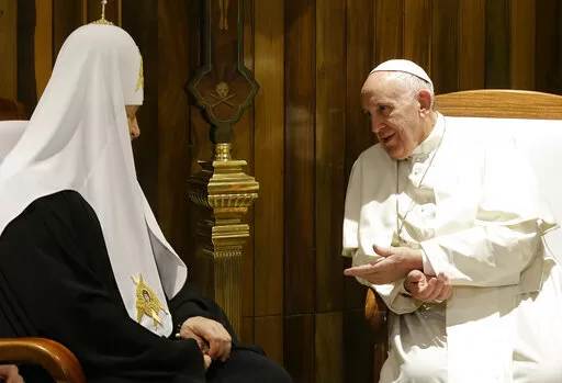 FILE – Pope Francis, right, and Russian Orthodox Church Patriarch Kirill talk during their meeting at the Jose Marti International airport in Havana, Cuba, Friday, Feb. 12, 2016. (AP Photo/Gregorio Borgia, file) FILE – Pope Francis, right, and Russian Orthodox Church Patriarch Kirill talk during their meeting at the Jose Marti International airport in Havana, Cuba, Friday, Feb. 12, 2016. (AP Photo/Gregorio Borgia, file)