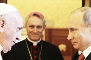 FILE – Pope Francis meets Russian President Vladimir Putin on the occasion of a private audience at the Vatican, June 10, 2015. (AP Photo/Gregorio Borgia, Pool, File)