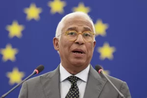 European Council President Antonio Costa speaks during a ceremony marking the 80th anniversary of the end of WWII in Europe, Wednesday, May 7, 2025 at the European Parliament in Strasbourg, eastern France. (AP Photo/Antonin Utz)