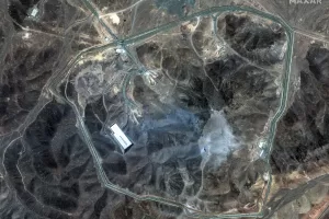 This satellite image provided by Maxar Technologies shows damage at the Fordo enrichment facility in Iran after U.S. strikes, Sunday, June 22, 2025. (Maxar Technologies via AP)